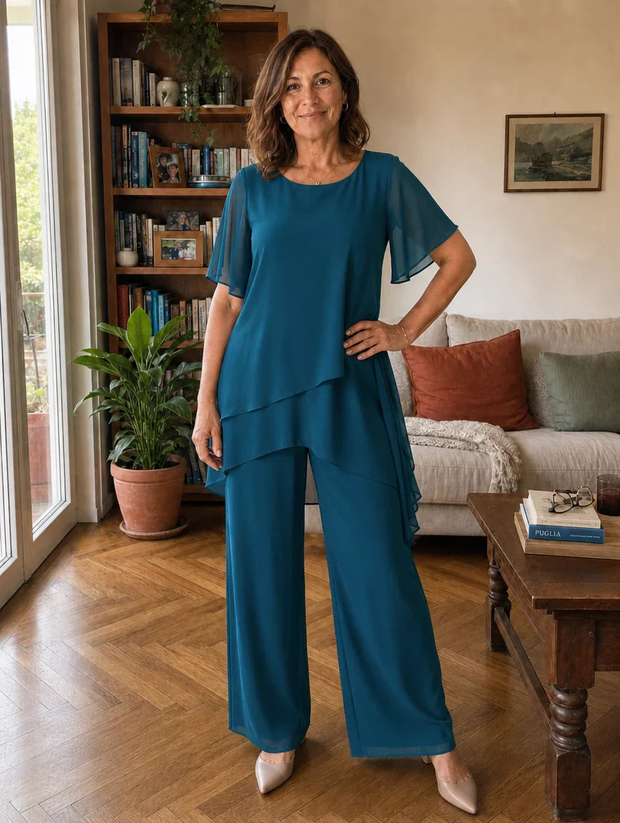 Dahlia - Coordinato con top in chiffon a strati e pantaloni a gamba larga