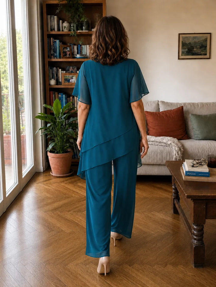 Dahlia - Coordinato con top in chiffon a strati e pantaloni a gamba larga