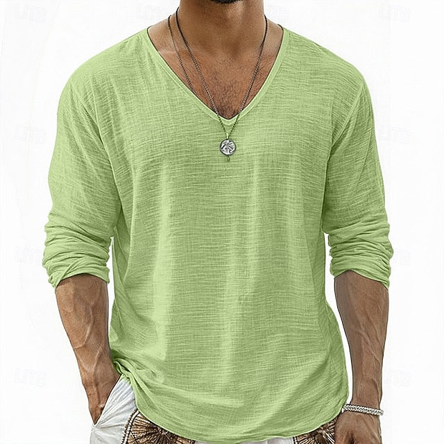 Crispin - Camicia in lino traspirante a maniche lunghe con scollo a V