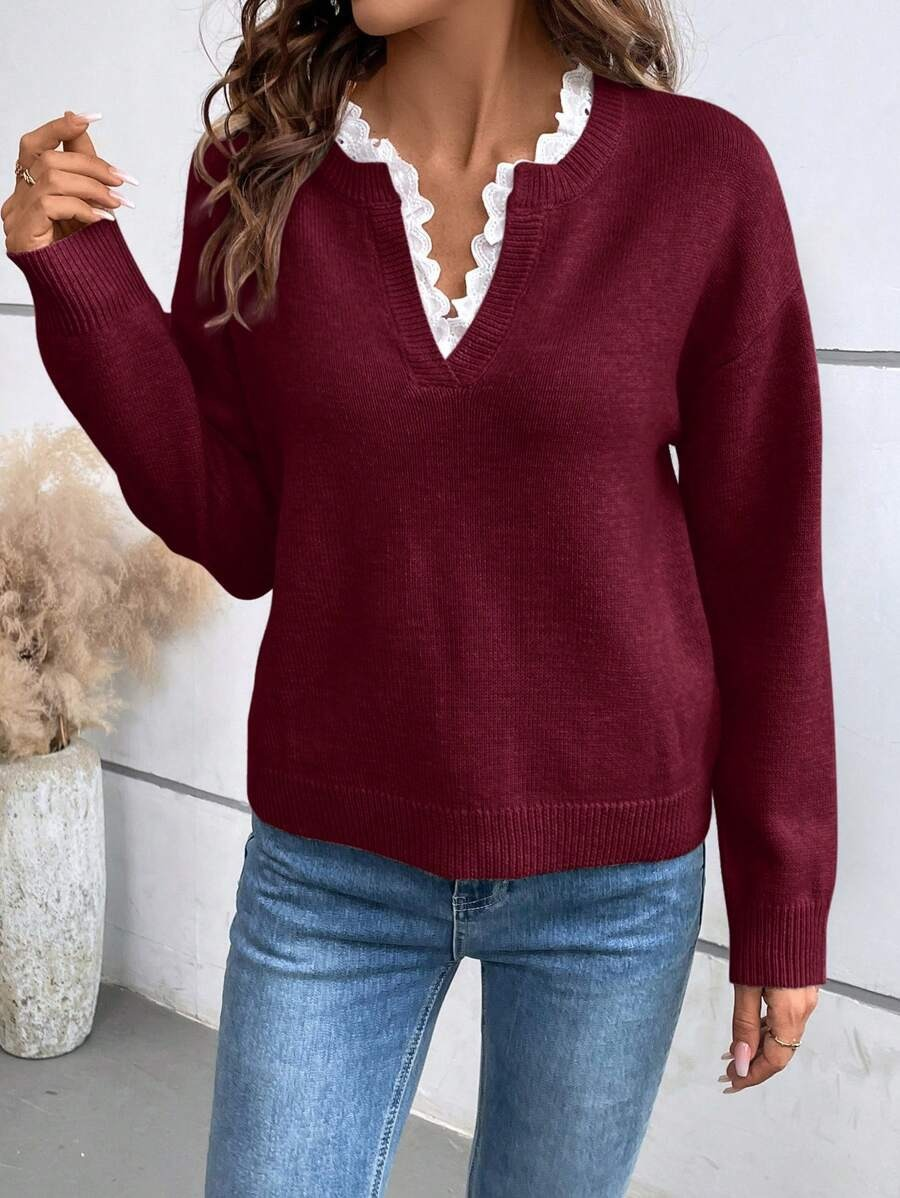 Aloraine - Maglione con scollo a V e bordo in pizzo, morbido al tatto