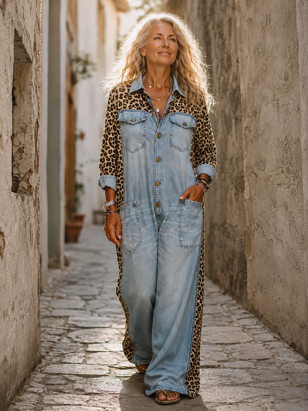 Annalise - Salopette in denim a gamba larga con inserto leopardato