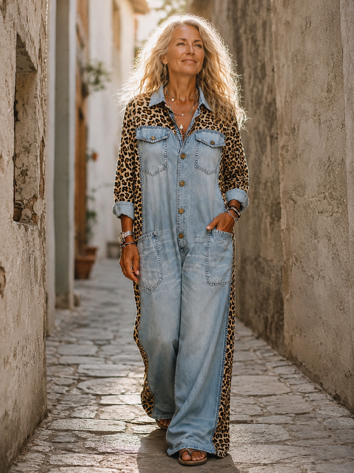 Annalise - Salopette in denim a gamba larga con inserto leopardato
