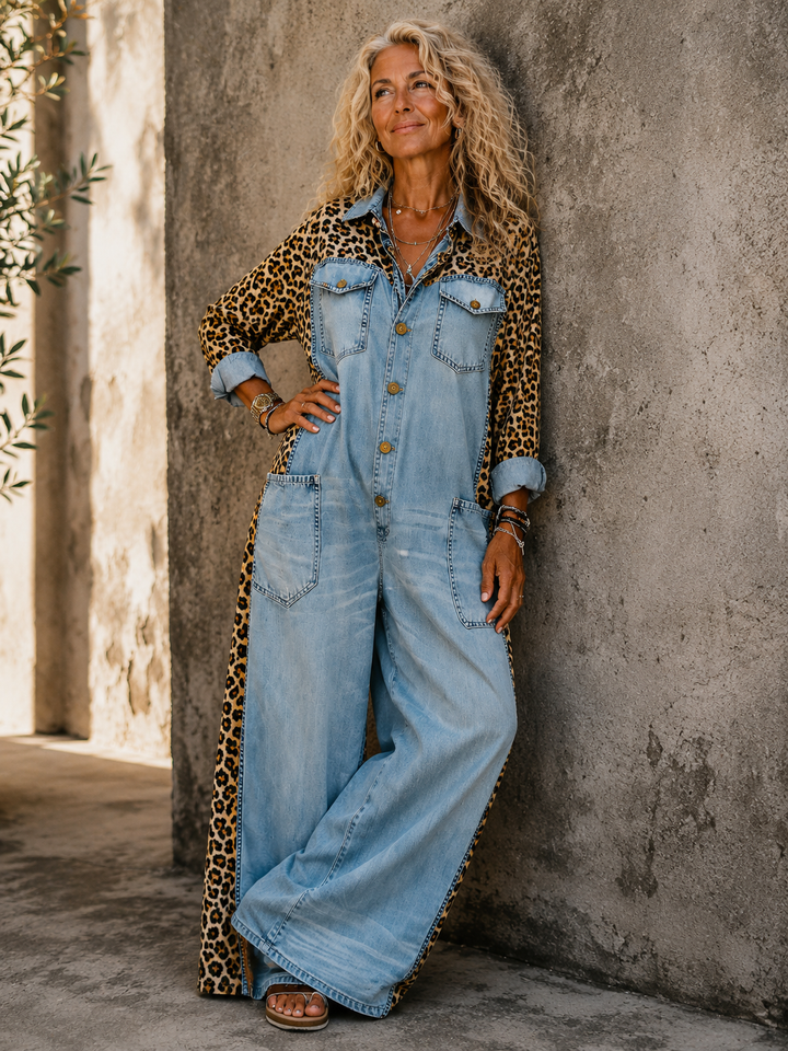 Annalise - Salopette in denim a gamba larga con inserto leopardato