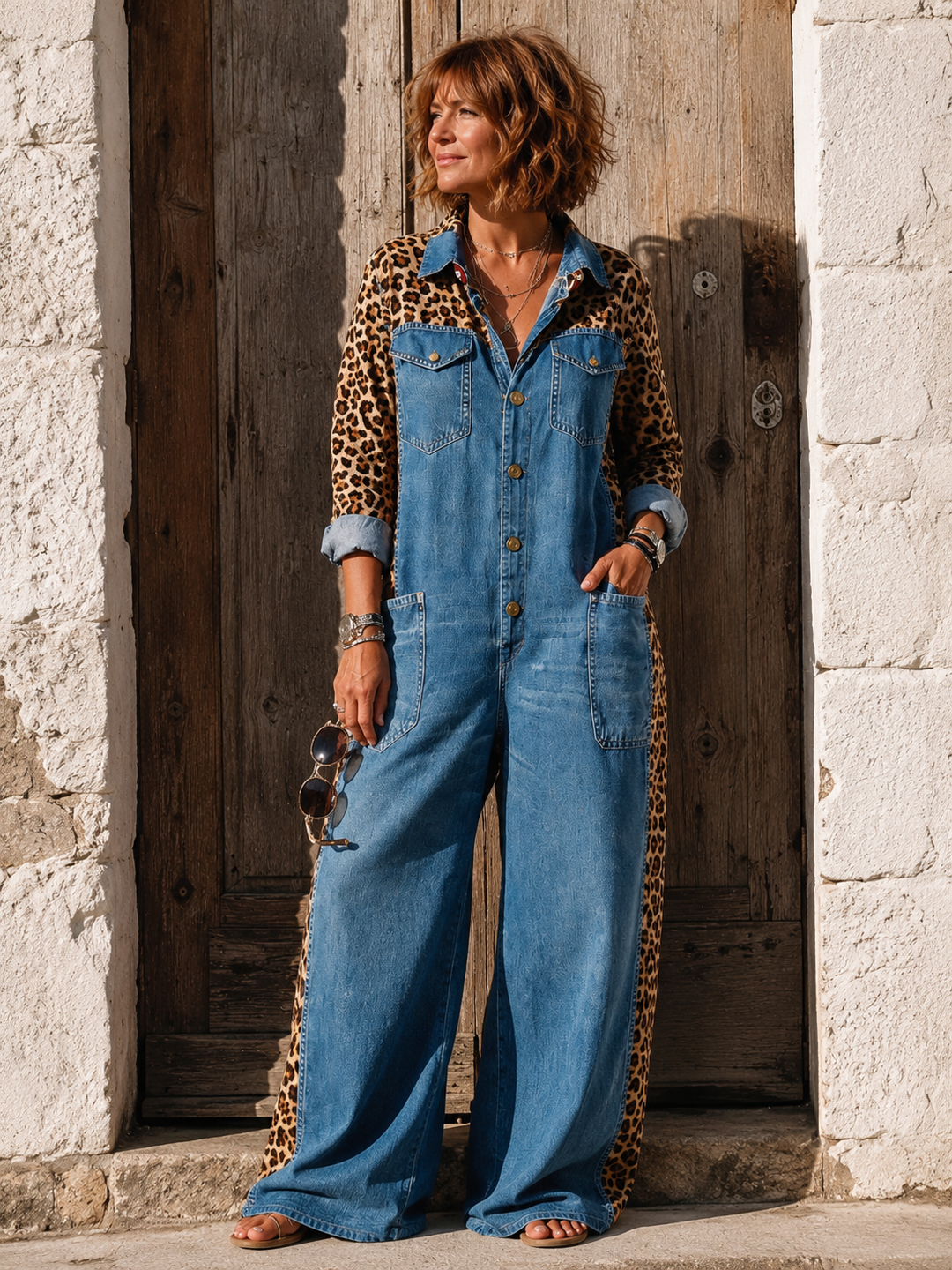 Annalise - Salopette in denim a gamba larga con inserto leopardato