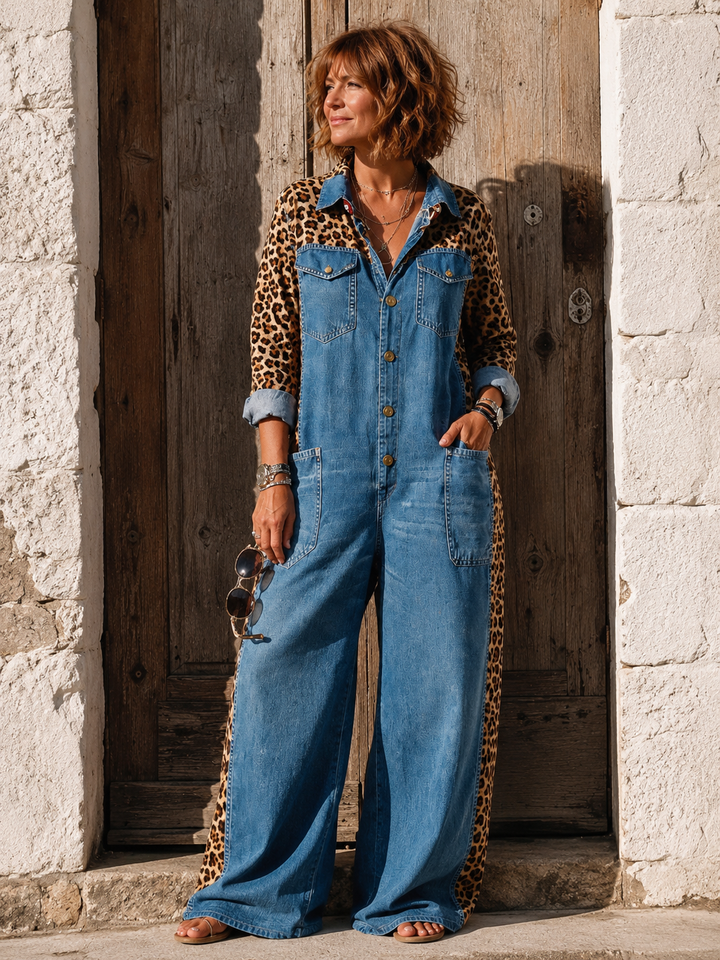Annalise - Salopette in denim a gamba larga con inserto leopardato