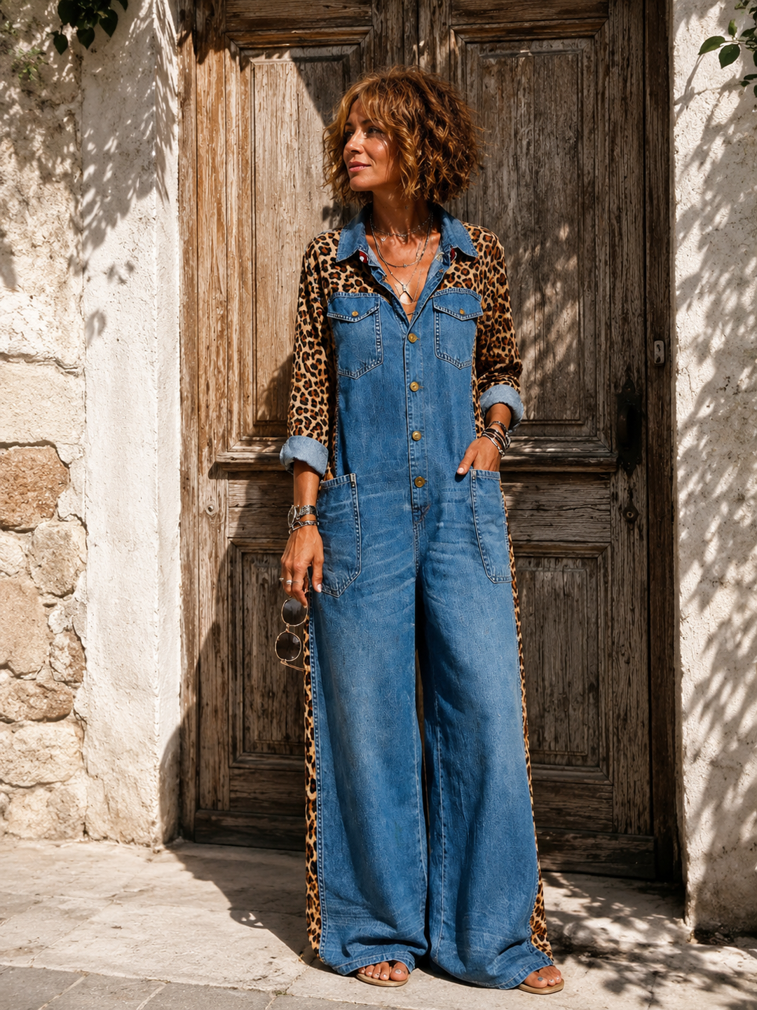 Annalise - Salopette in denim a gamba larga con inserto leopardato