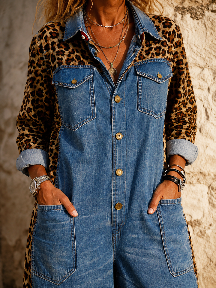 Annalise - Salopette in denim a gamba larga con inserto leopardato