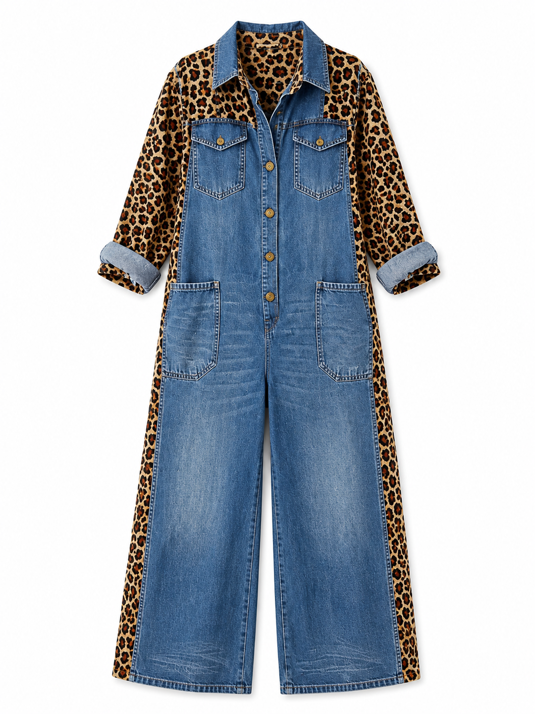 Annalise - Salopette in denim a gamba larga con inserto leopardato
