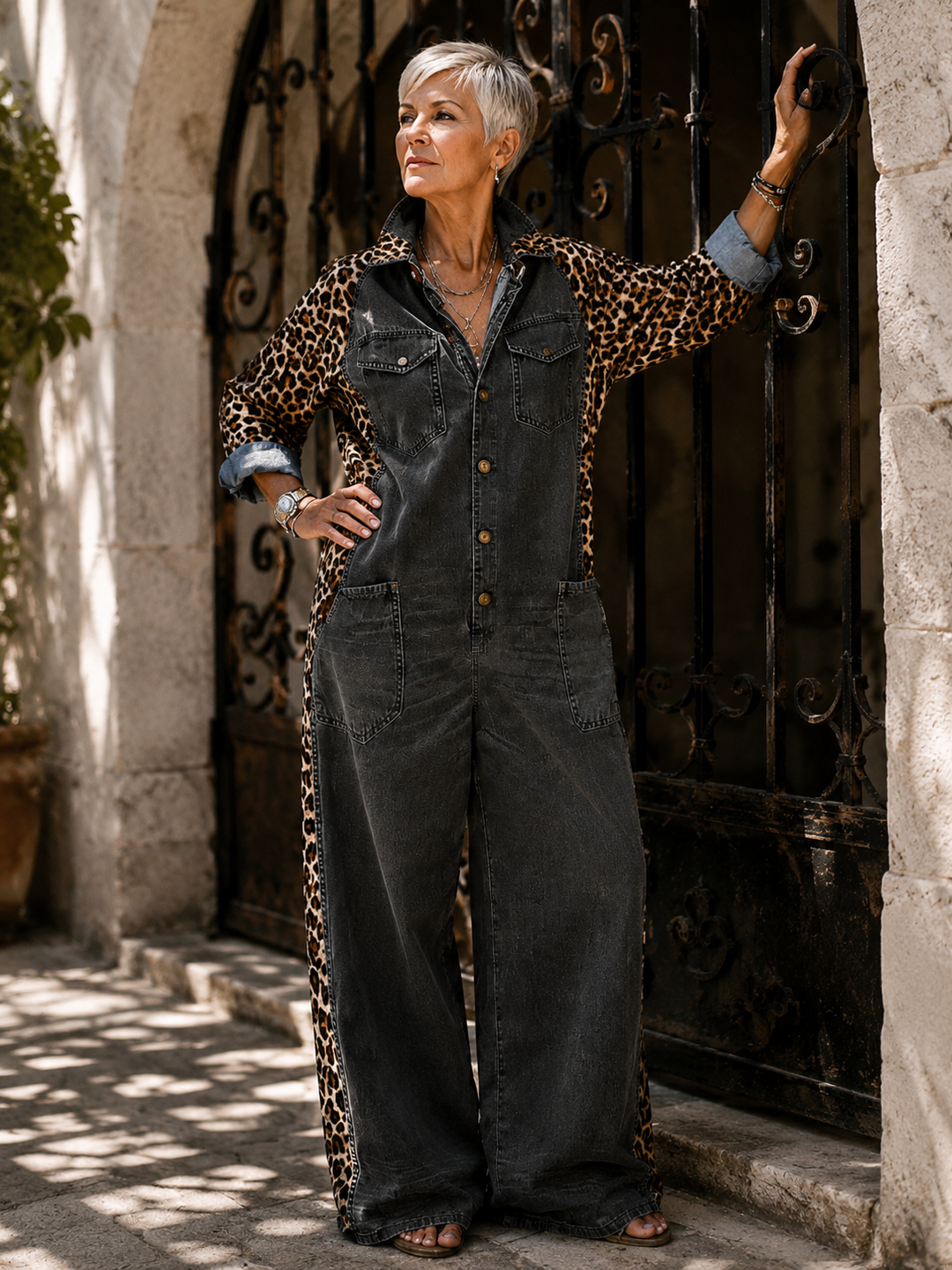 Annalise - Salopette in denim a gamba larga con inserto leopardato