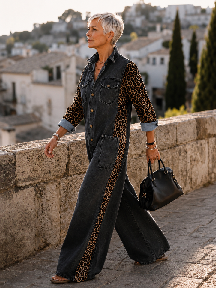 Annalise - Salopette in denim a gamba larga con inserto leopardato