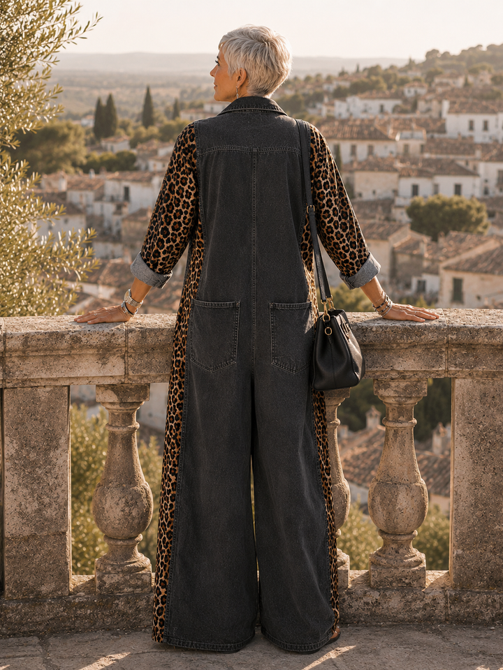 Annalise - Salopette in denim a gamba larga con inserto leopardato