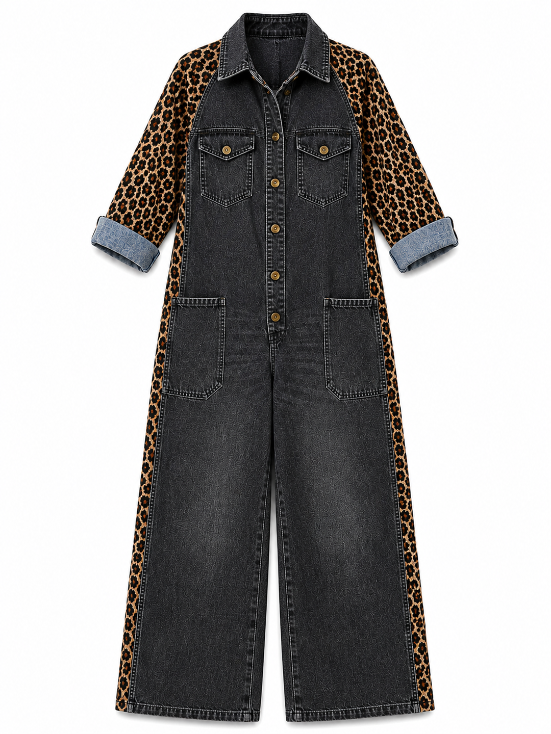 Annalise - Salopette in denim a gamba larga con inserto leopardato