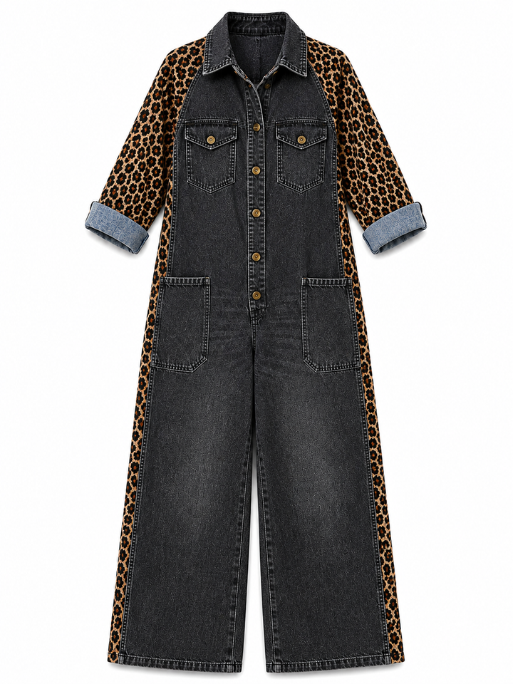 Annalise - Salopette in denim a gamba larga con inserto leopardato