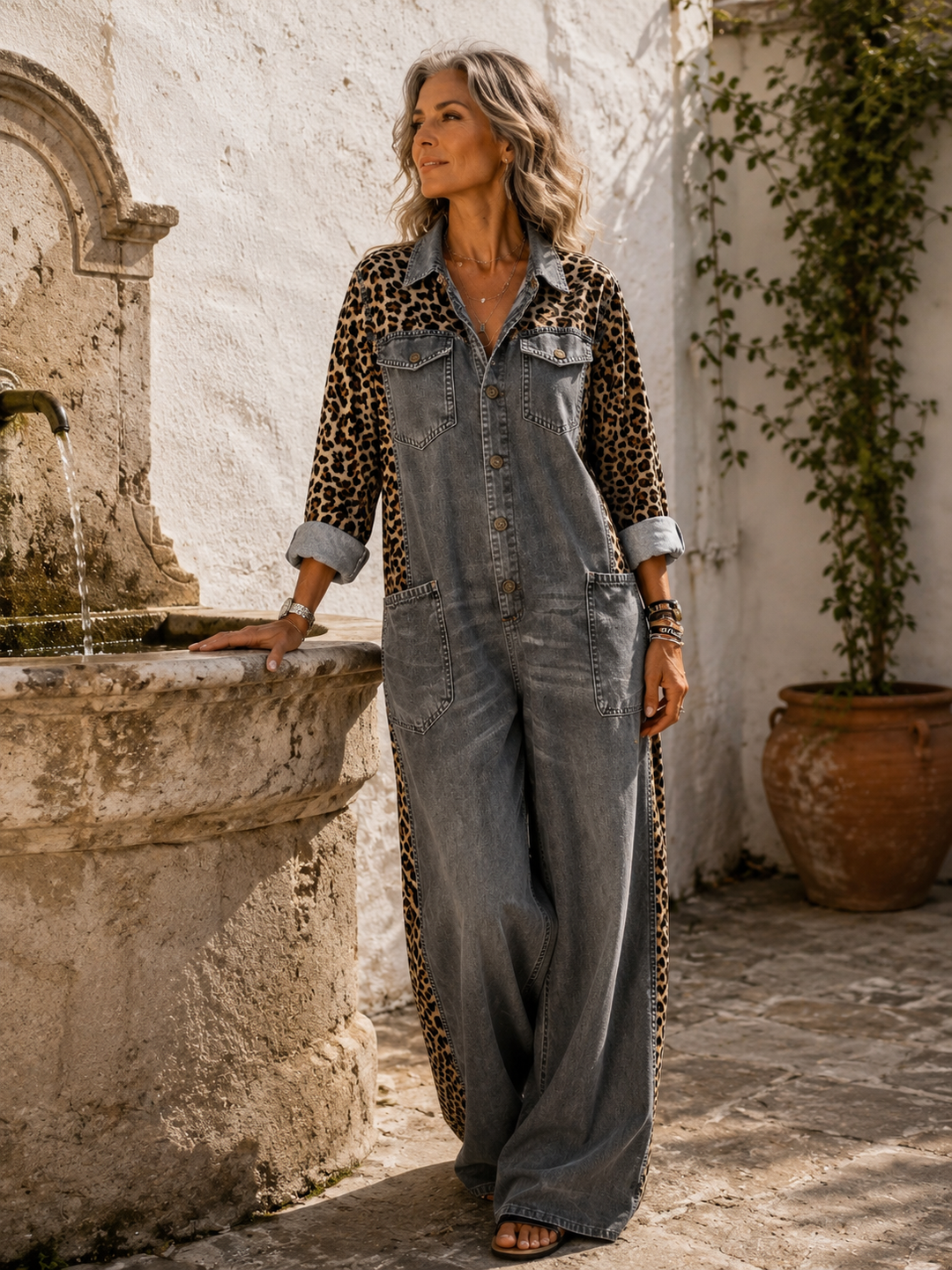 Annalise - Salopette in denim a gamba larga con inserto leopardato