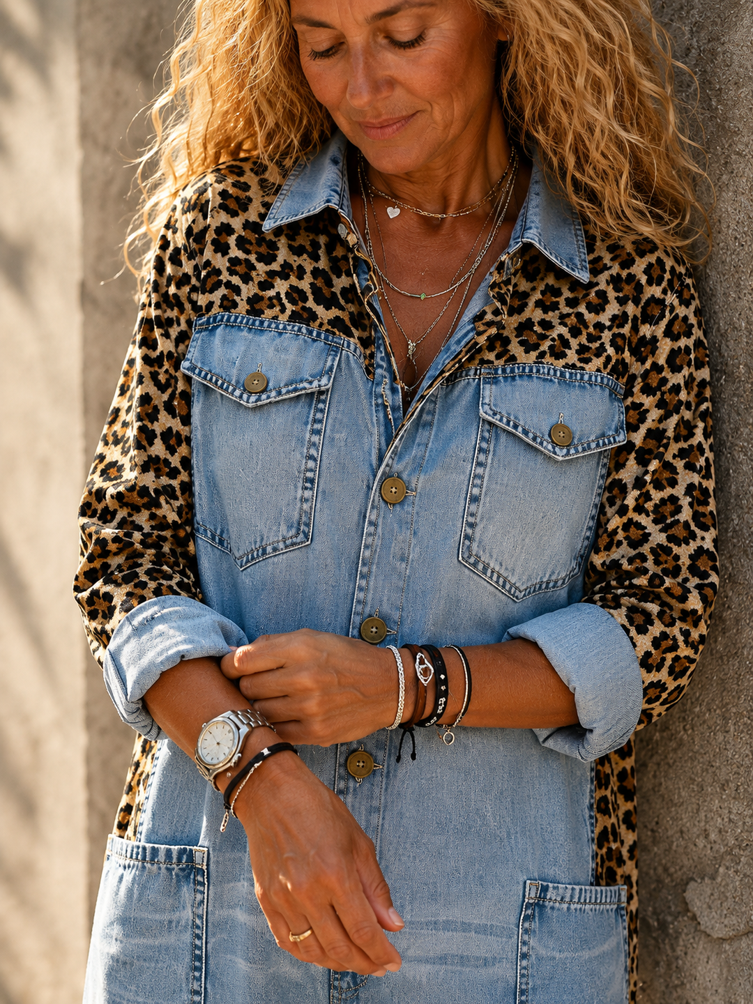 Annalise - Salopette in denim a gamba larga con inserto leopardato