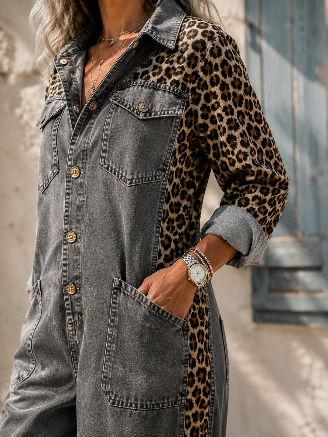 Annalise - Salopette in denim a gamba larga con inserto leopardato