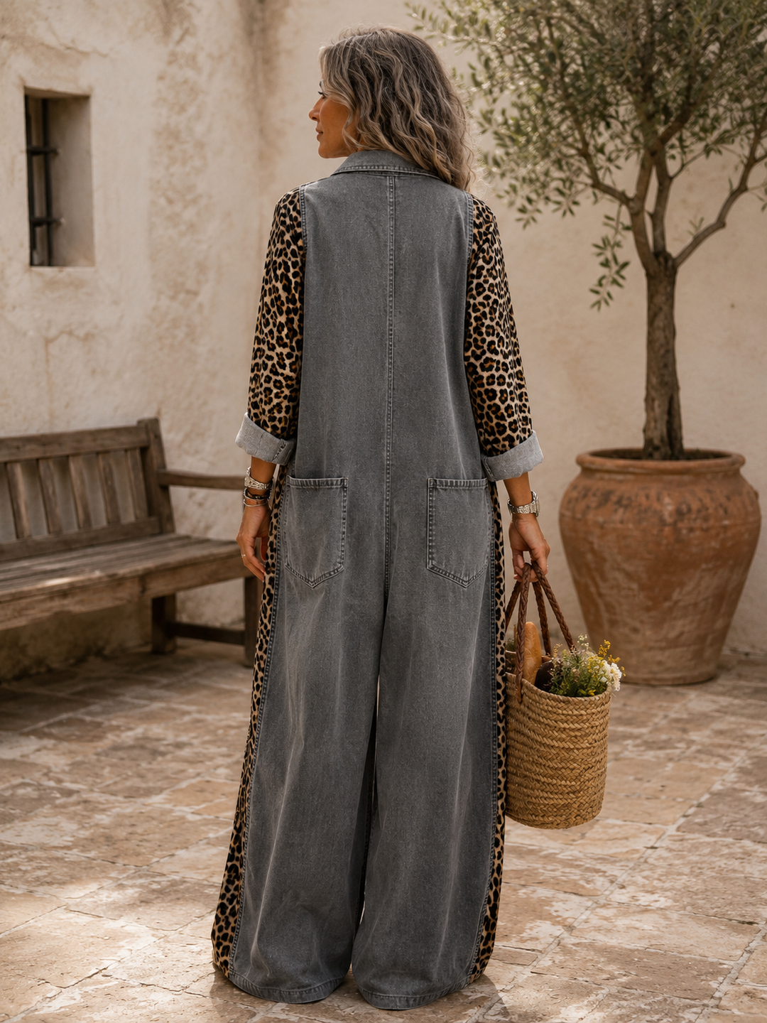 Annalise - Salopette in denim a gamba larga con inserto leopardato