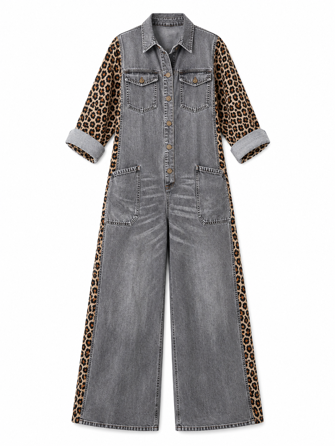 Annalise - Salopette in denim a gamba larga con inserto leopardato