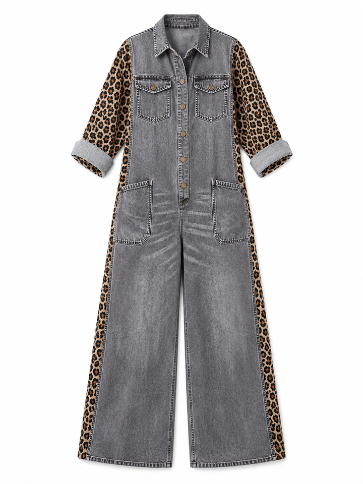 Annalise - Salopette in denim a gamba larga con inserto leopardato
