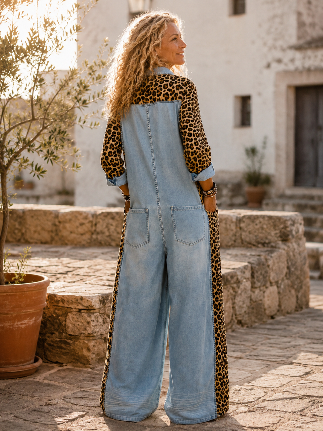 Annalise - Salopette in denim a gamba larga con inserto leopardato