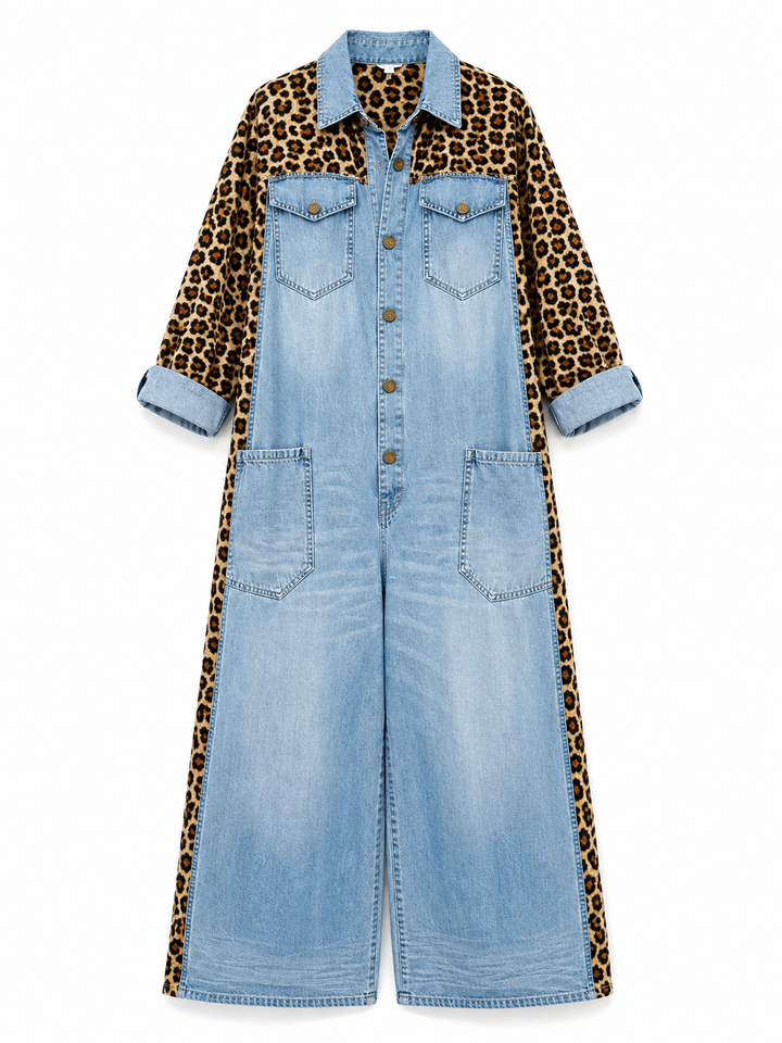 Annalise - Salopette in denim a gamba larga con inserto leopardato