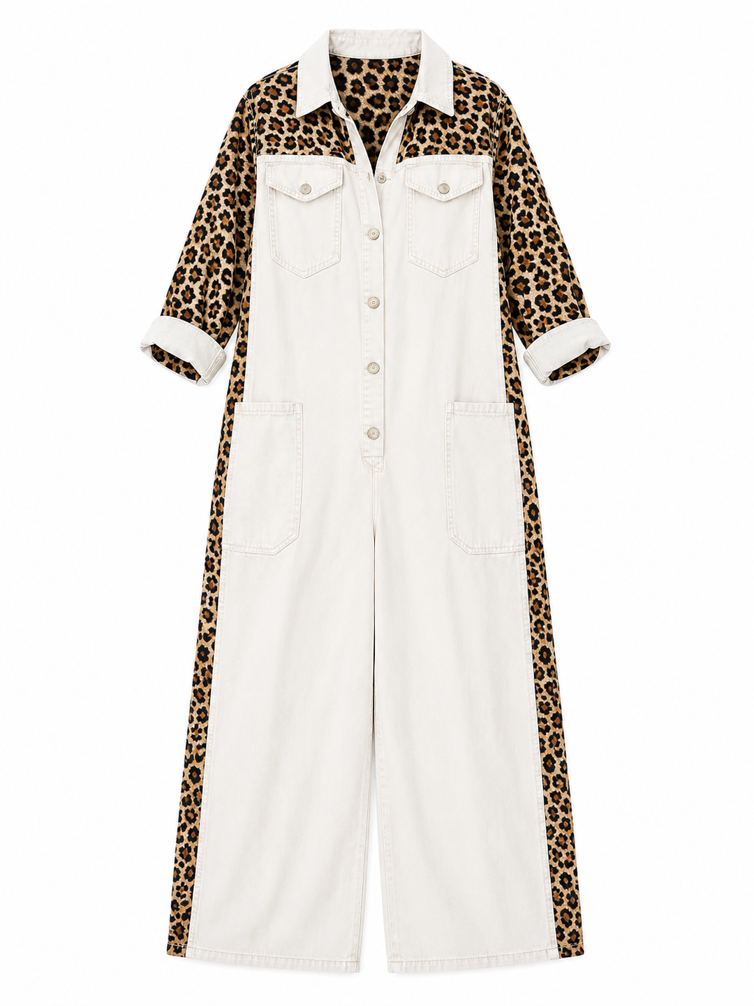 Annalise - Salopette in denim a gamba larga con inserto leopardato