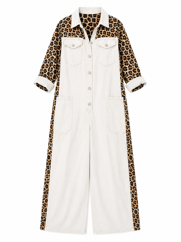 Annalise - Salopette in denim a gamba larga con inserto leopardato