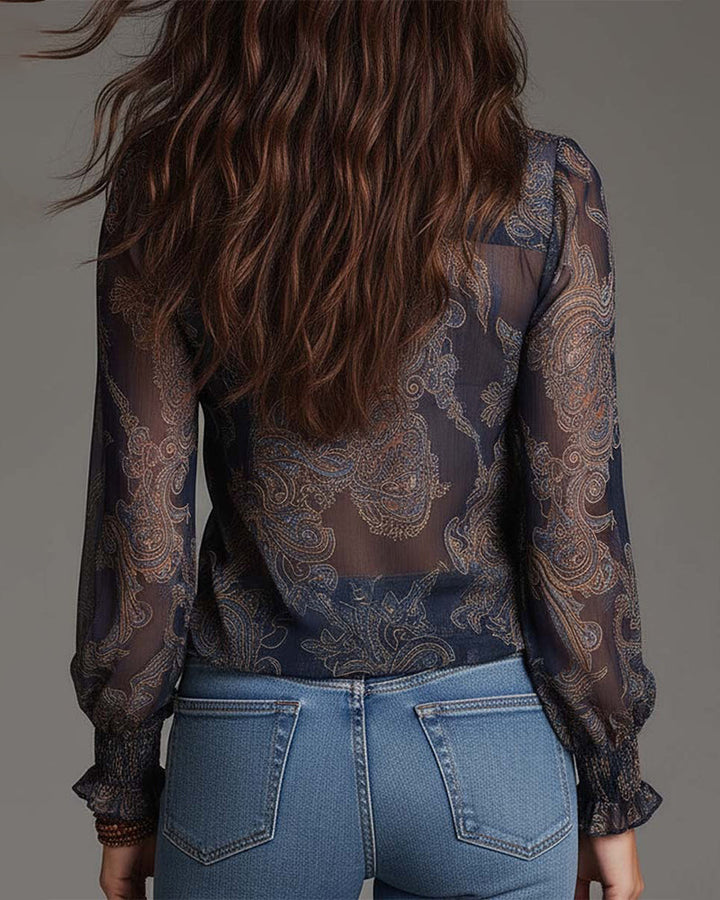 Norayi - Blusa in stampa soft-touch con maniche a volant e scollo a V