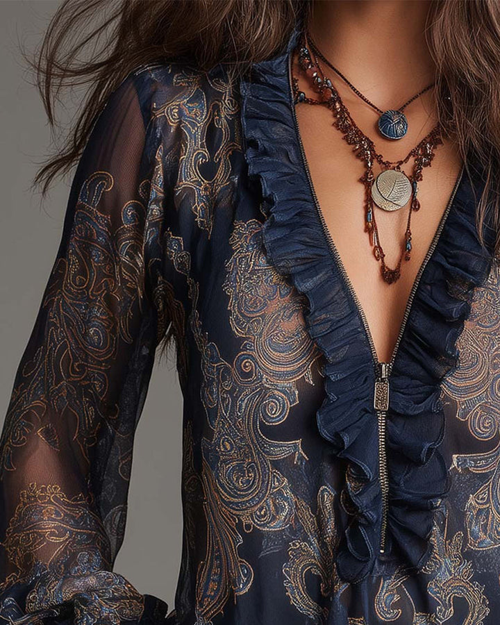 Norayi - Blusa in stampa soft-touch con maniche a volant e scollo a V
