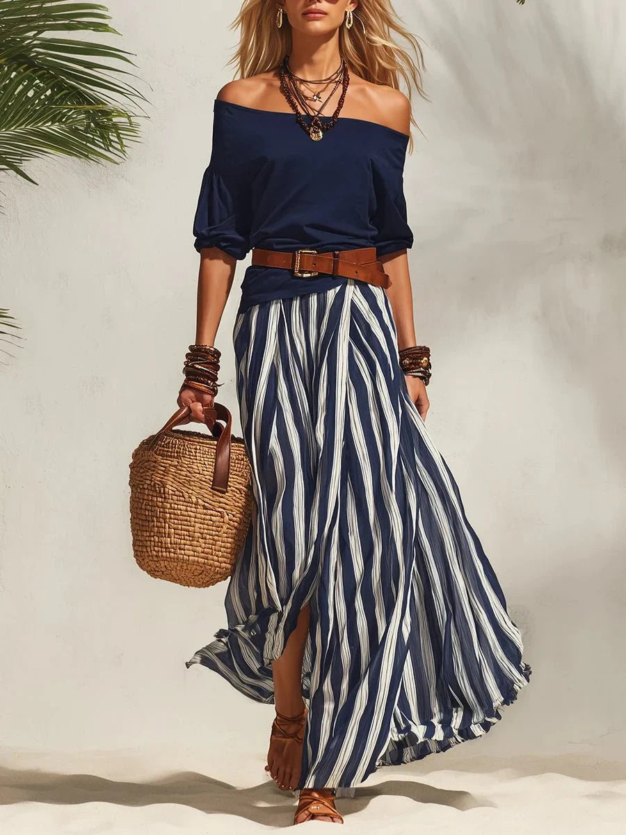 Delphia - Completo coordinato leggero con gonna e top a scollo Bardot