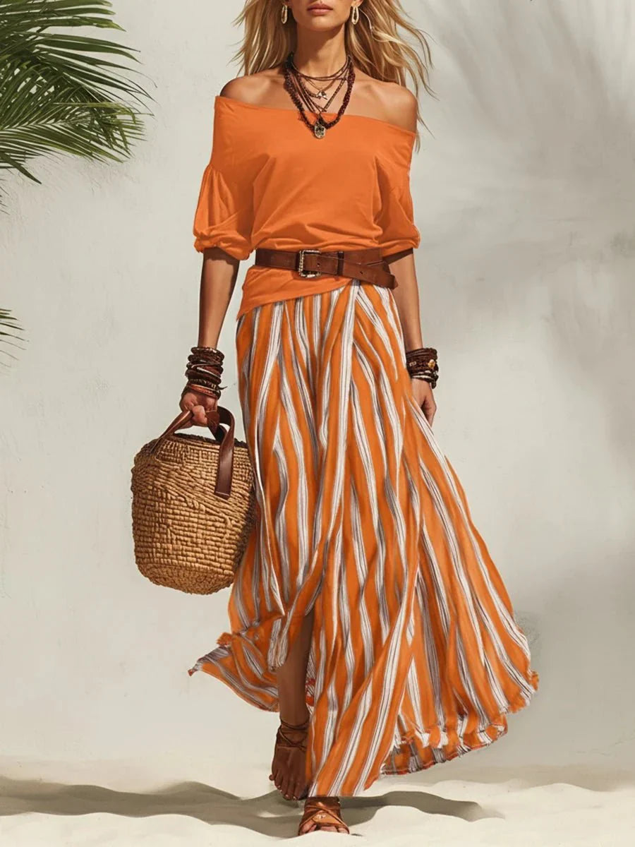 Delphia - Completo coordinato leggero con gonna e top a scollo Bardot