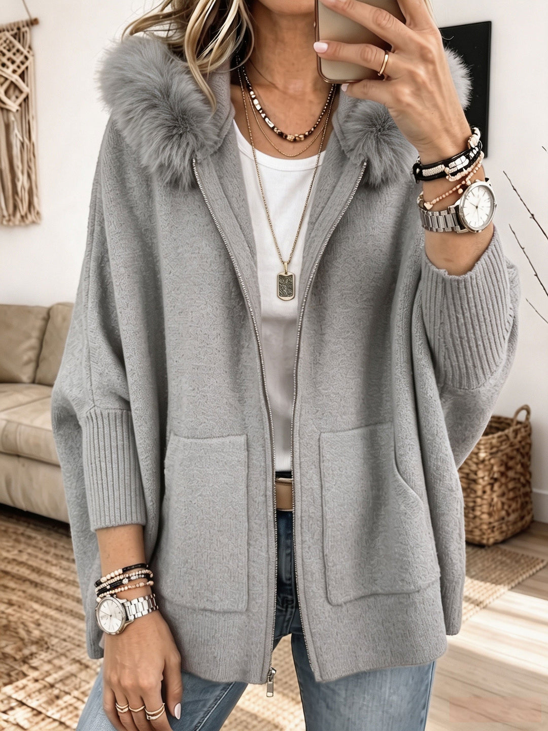 Veronelle - Cardigan con cappuccio e zip dal tocco morbido