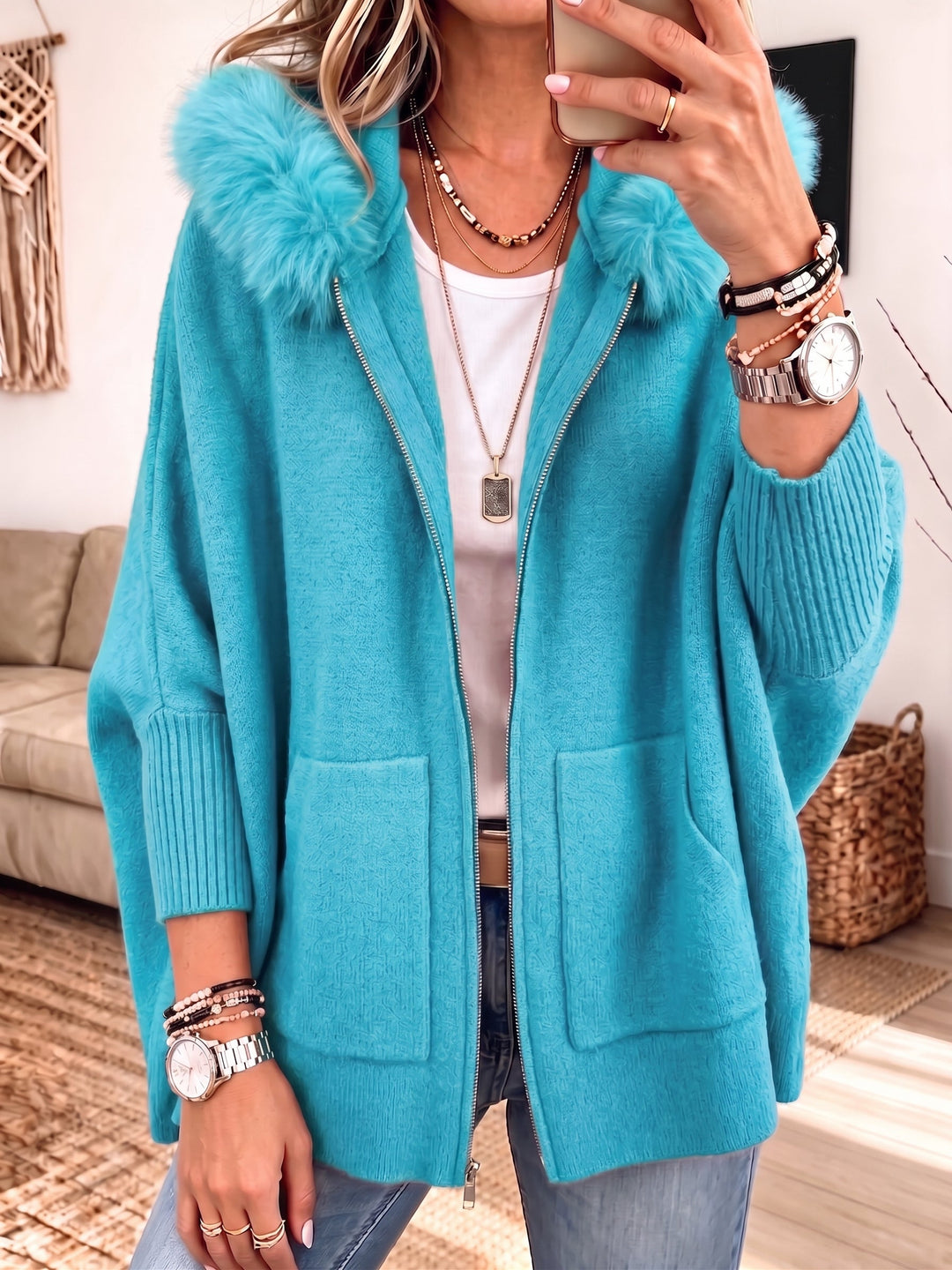 Veronelle - Cardigan con cappuccio e zip dal tocco morbido