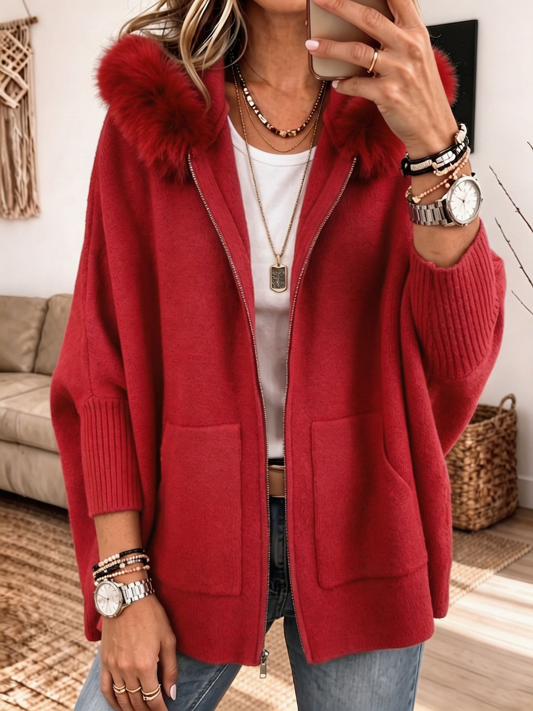 Veronelle - Cardigan con cappuccio e zip dal tocco morbido