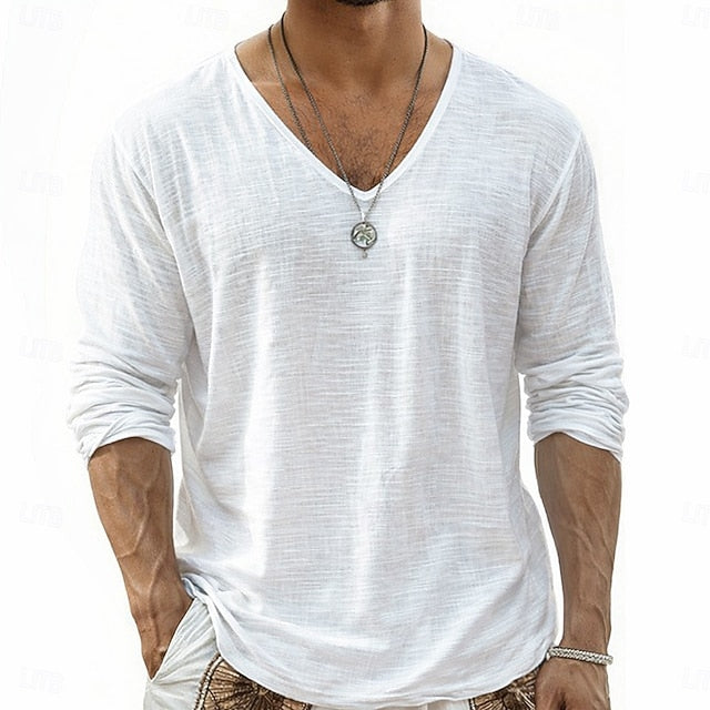 Crispin - Camicia in lino traspirante a maniche lunghe con scollo a V