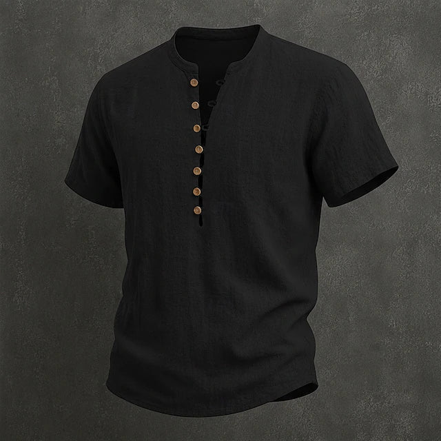 Fulton - Camicia in lino pregiato a maniche corte con collo alla coreana