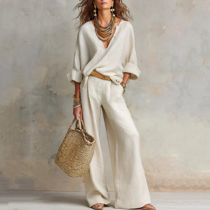 Zelora - Completo con top leggero a scollo a V e pantaloni a gamba larga