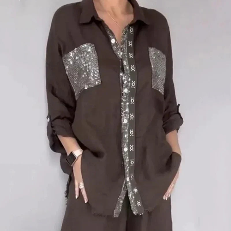 Oriavelle - Coordinato blusa e pantaloni in paillettes di lusso