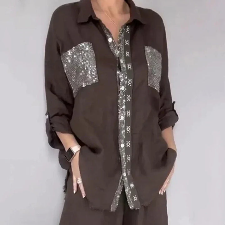 Oriavelle - Coordinato blusa e pantaloni in paillettes di lusso