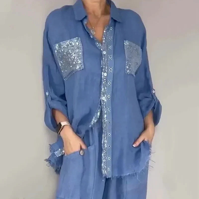 Oriavelle - Coordinato blusa e pantaloni in paillettes di lusso