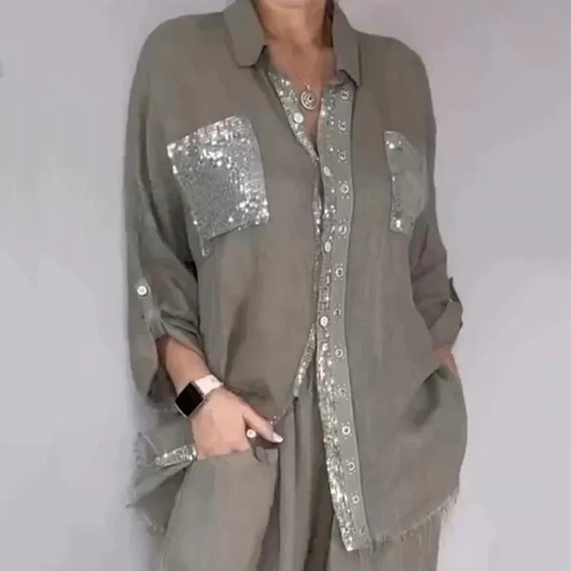 Oriavelle - Coordinato blusa e pantaloni in paillettes di lusso