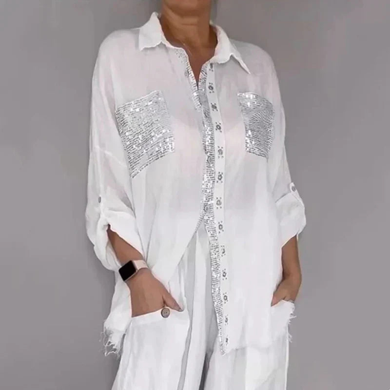Oriavelle - Coordinato blusa e pantaloni in paillettes di lusso