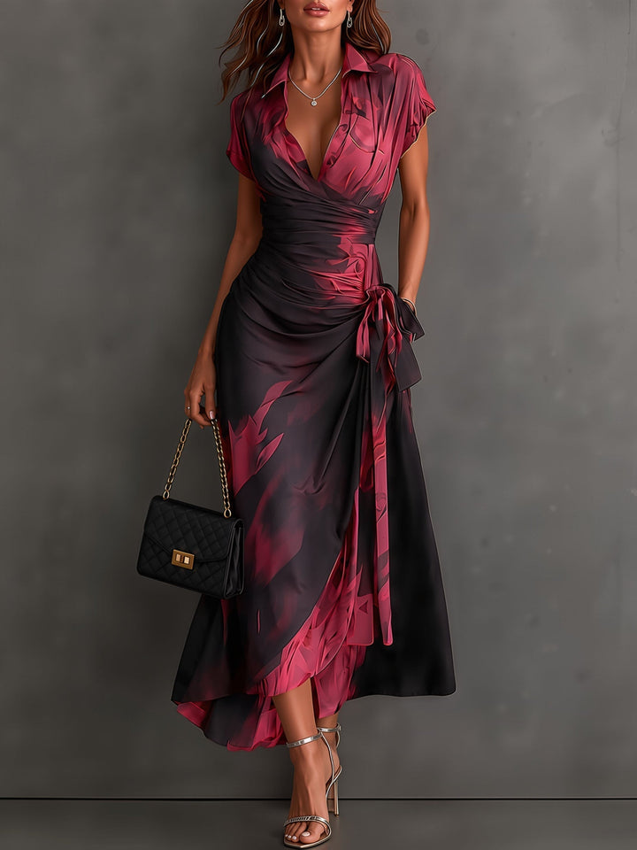 Roselle - Abito lungo con collo a camicia e drappeggio setoso